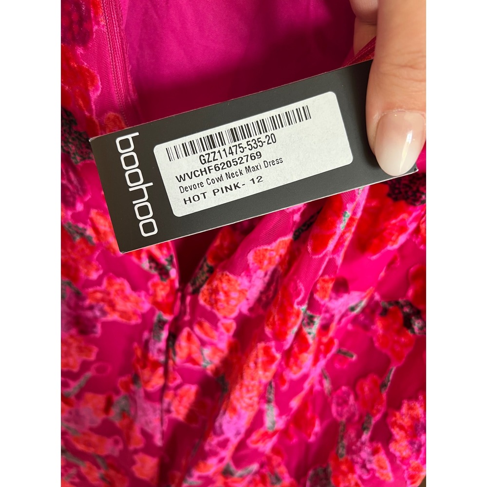 Boohoo Devore Cowl Neck Maxi Dress Hot Pink Floral Velvet GZZ11475 US 8 NEW, Y2K - Picture 6 of 16